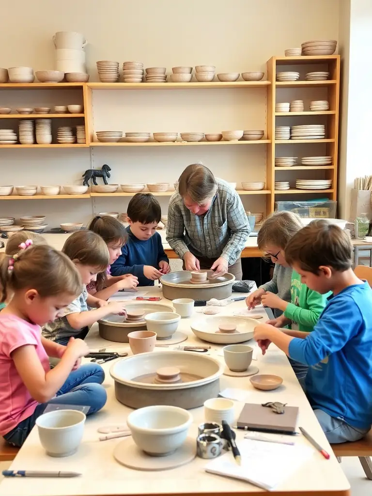 Participants of all ages engaging in a hands-on pottery workshop at LE MANOIR EN COULEUR, guided by an instructor, creating various ceramic pieces and learning about traditional techniques.