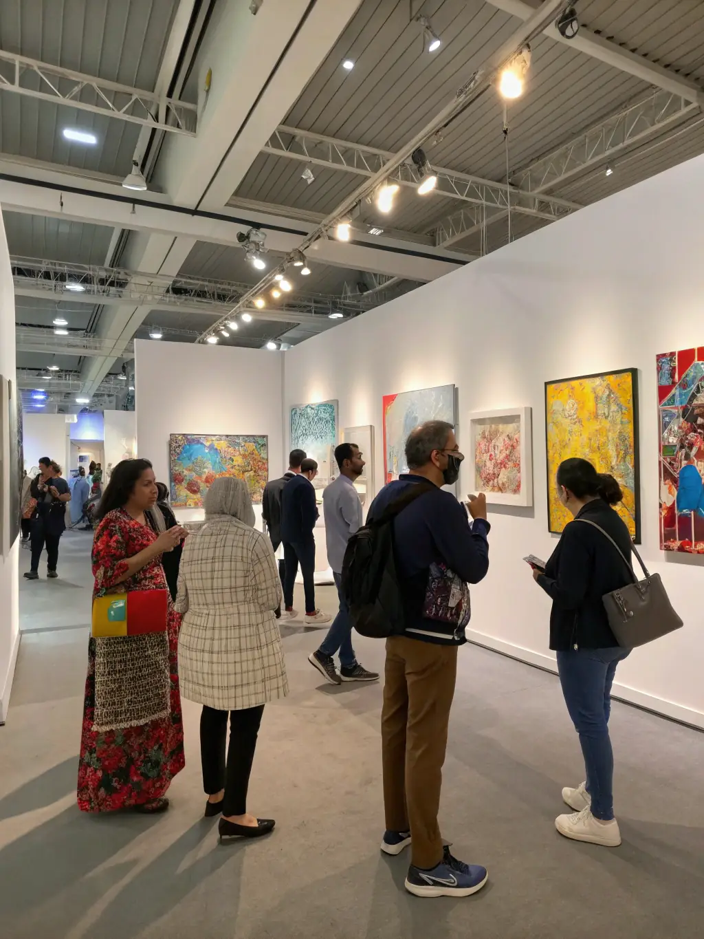 A photograph of a diverse audience attending an art exhibition opening at LE MANOIR EN COULEUR, highlighting community engagement and appreciation for the arts.
