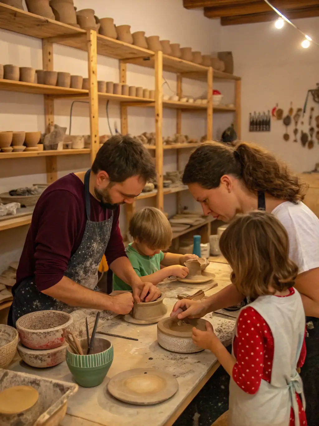 A vibrant photograph capturing participants of all ages engaged in a pottery workshop at LE MANOIR EN COULEUR, showcasing hands-on learning and creative expression.
