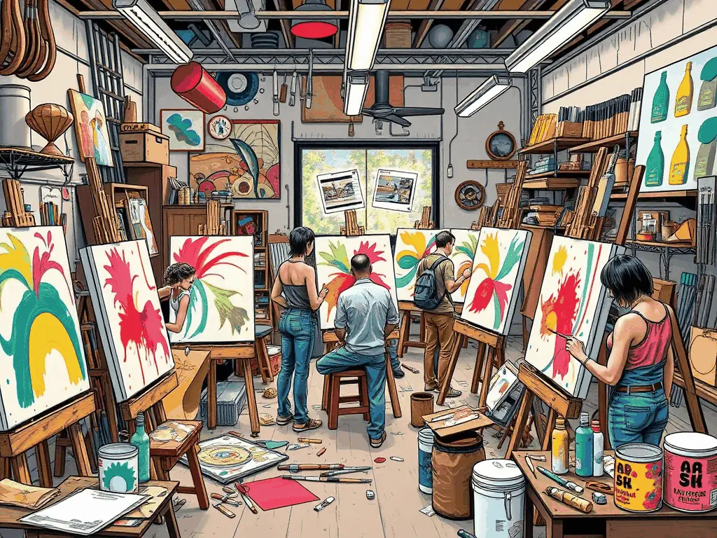 A lively workshop session with participants painting and crafting in a bright, welcoming studio environment, showcasing the Cultural Workshops program at LE MANOIR EN COULEUR.