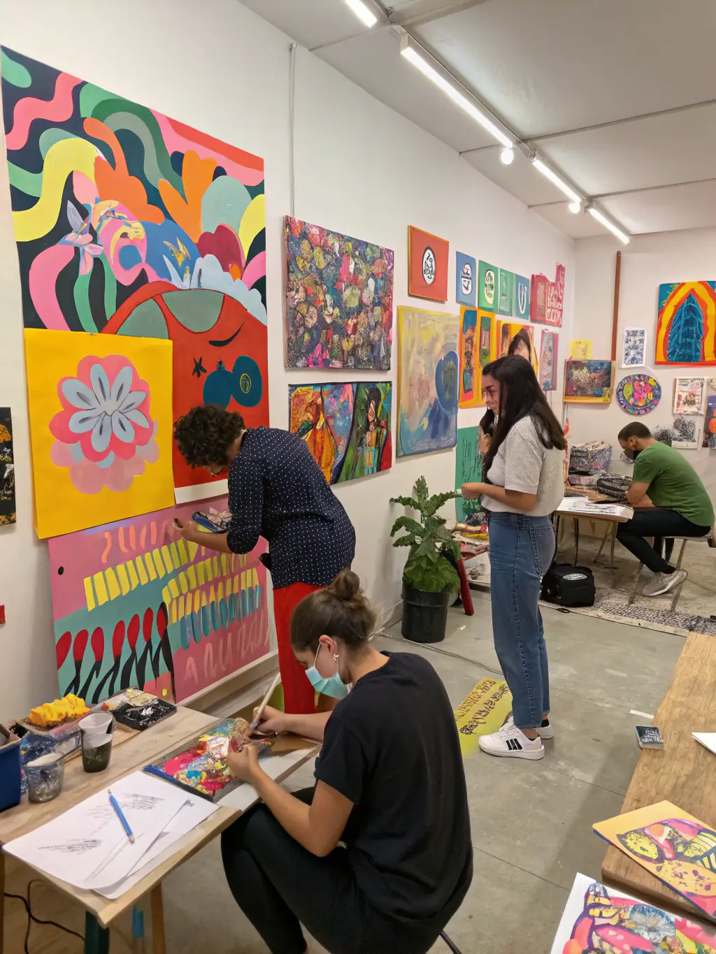 A diverse group of artists working collaboratively in a sunlit studio at LE MANOIR EN COULEUR, surrounded by easels, canvases, and various art supplies, fostering a sense of community and creativity.