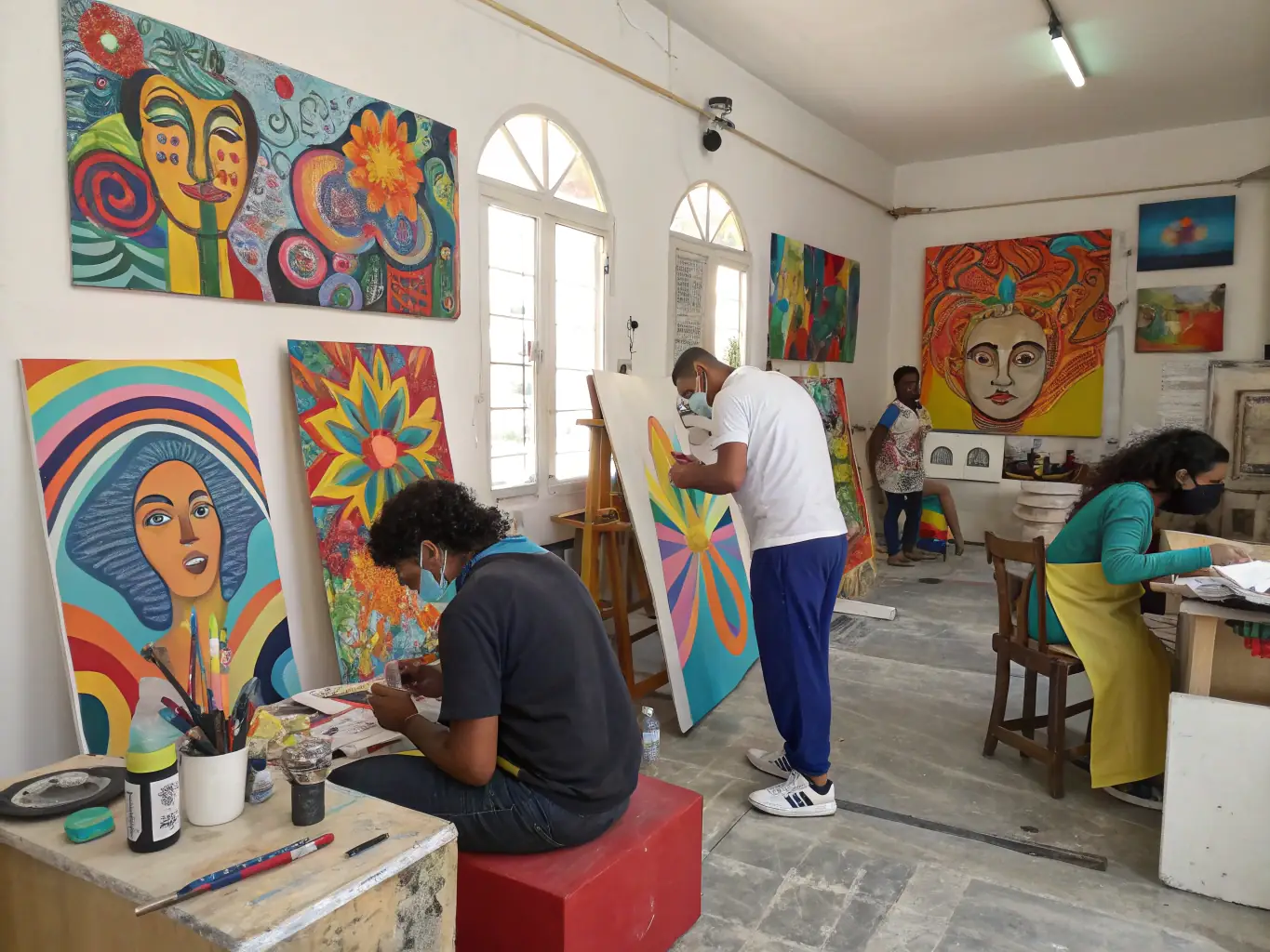 A colorful photograph of participants engaged in a hands-on visual arts workshop at LE MANOIR EN COULEUR, demonstrating the interactive nature of the cultural workshops.