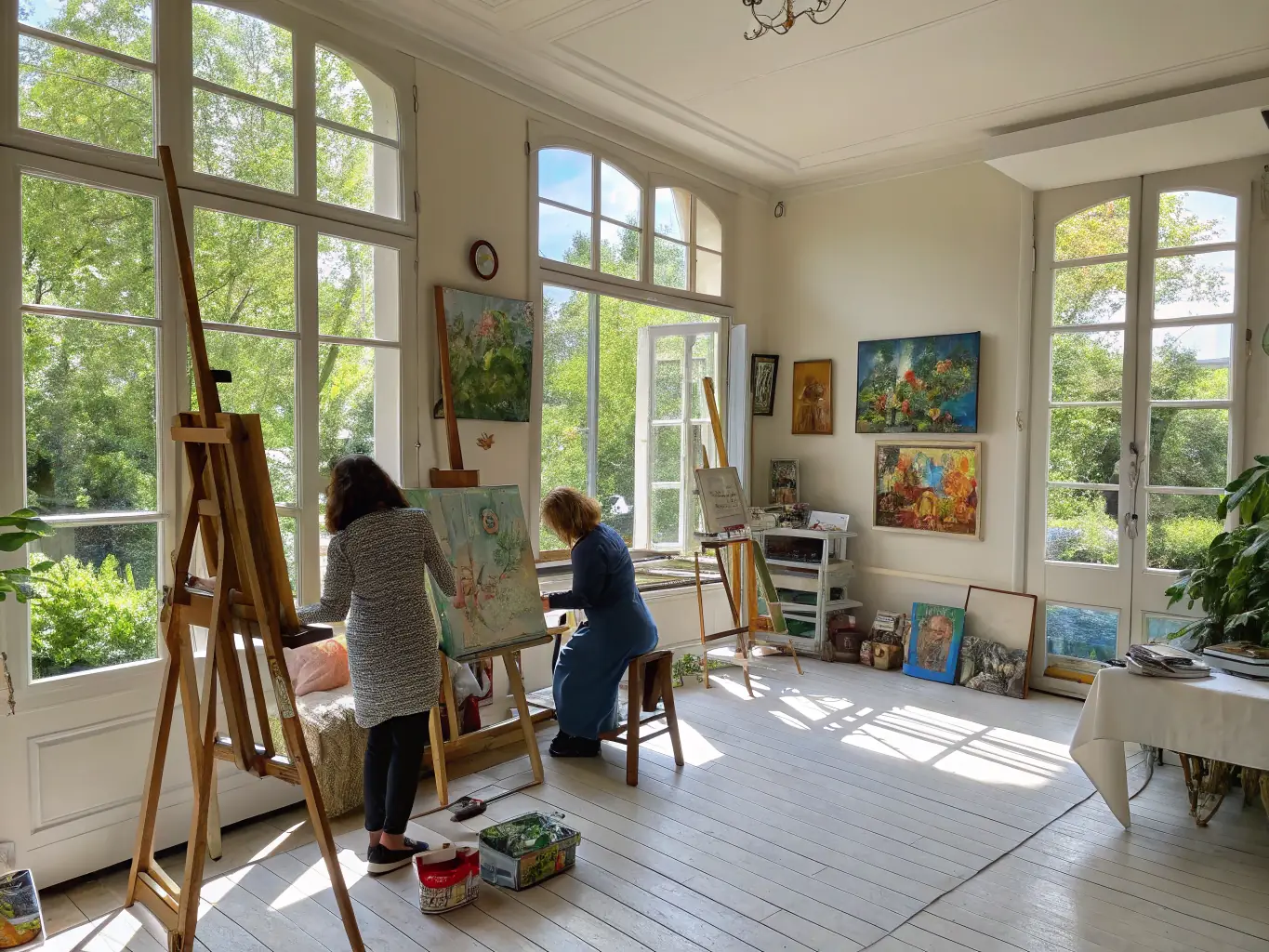 A serene artist studio overlooking the Dordogne River, with artists working on their projects surrounded by inspiring natural scenery, capturing the essence of the Artist Residencies program at LE MANOIR EN COULEUR.