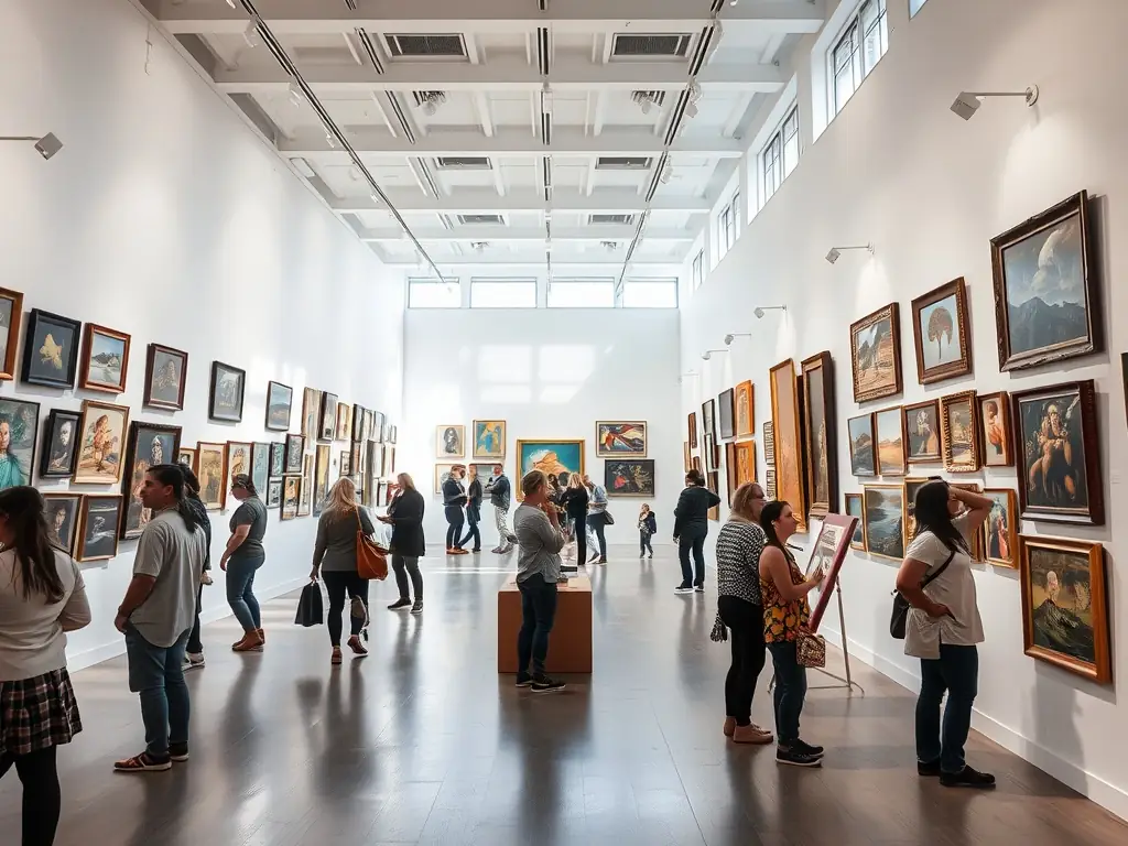 An exhibition opening with visitors viewing artworks in a spacious gallery, vibrant and engaging atmosphere, representing the Exhibitions and Public Events program at LE MANOIR EN COULEUR.