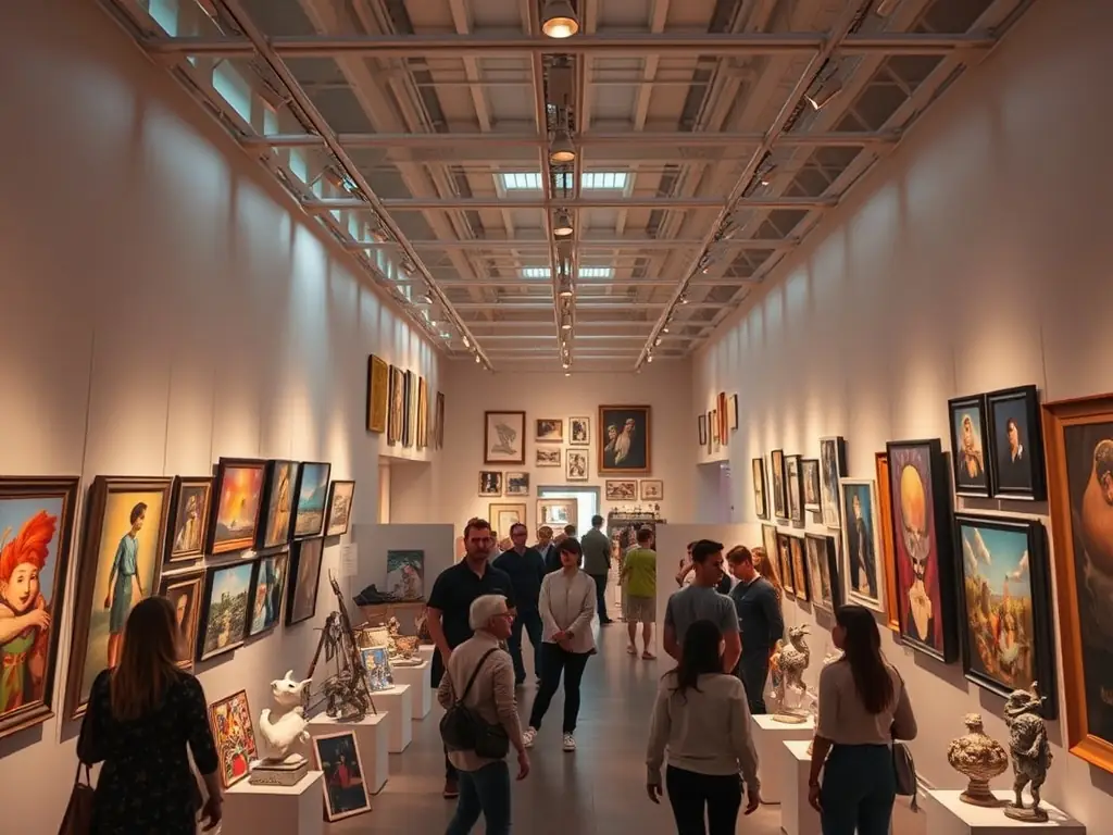 A lively scene from an exhibition or public event at LE MANOIR EN COULEUR, featuring artwork displays and community members interacting with the art.