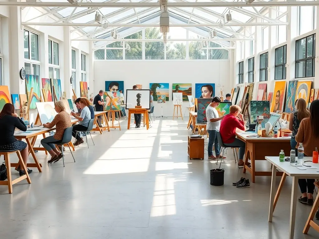A vibrant image of artists working collaboratively in a studio setting at LE MANOIR EN COULEUR, showcasing the dynamic environment of the artist residency program.