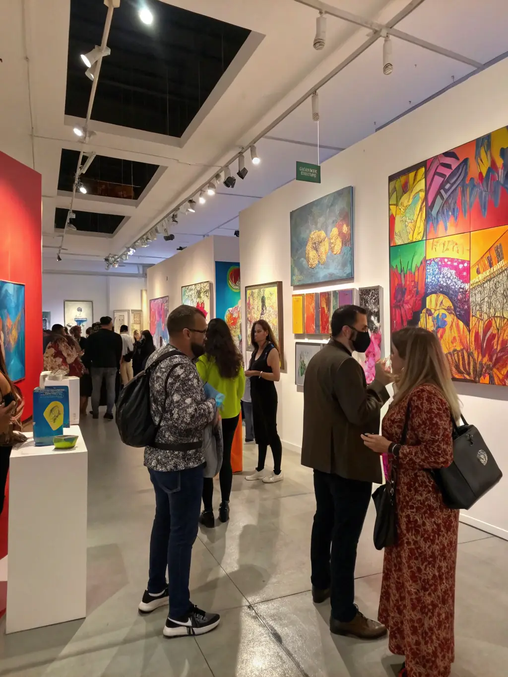 A vibrant exhibition at LE MANOIR EN COULEUR, showcasing the works of resident artists and local talents, with attendees admiring the art and engaging in conversations.