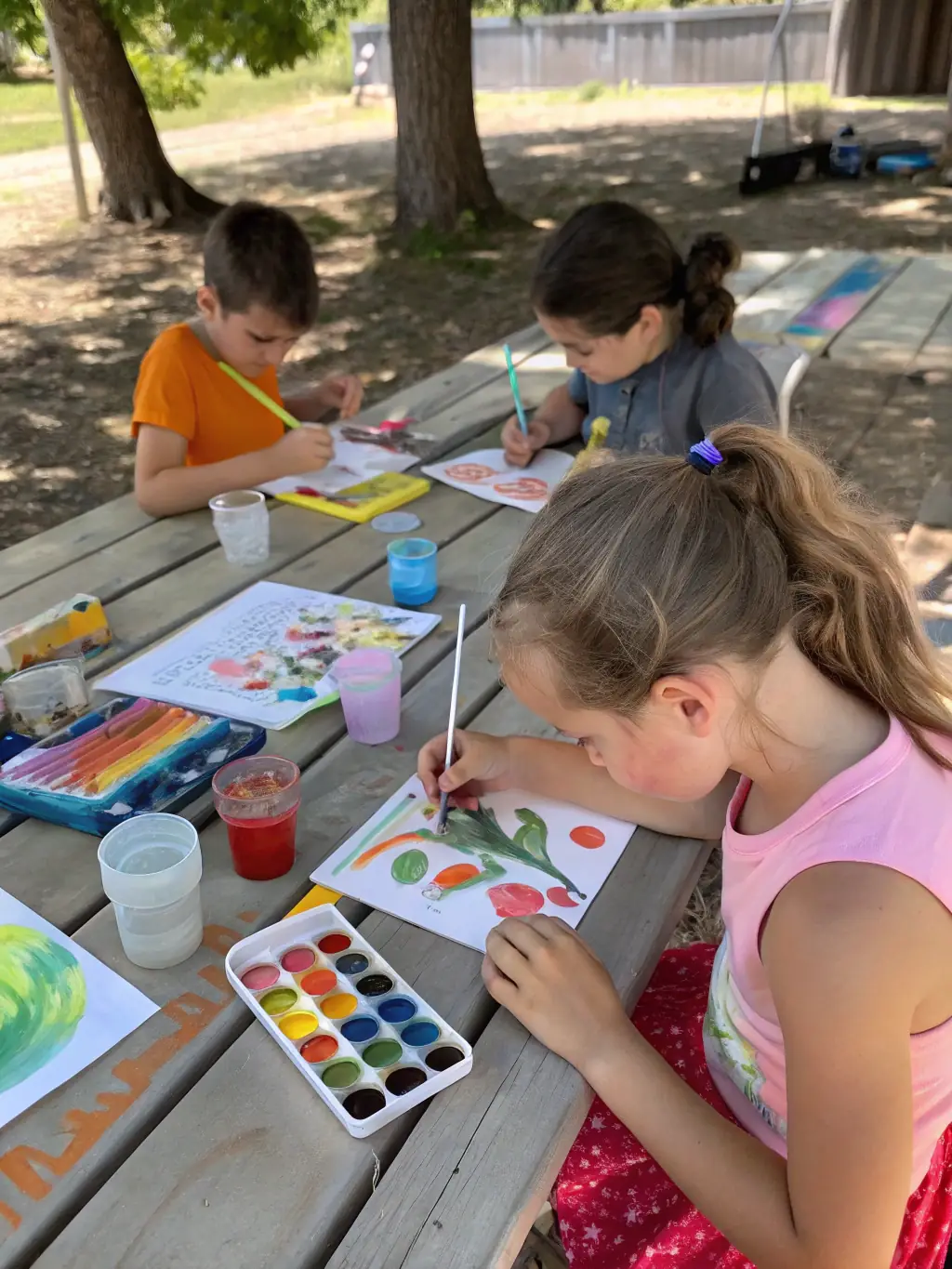 A group of children participating in an outdoor painting session at LE MANOIR EN COULEUR, capturing the beauty of the surrounding landscape on their canvases, guided by an art instructor.